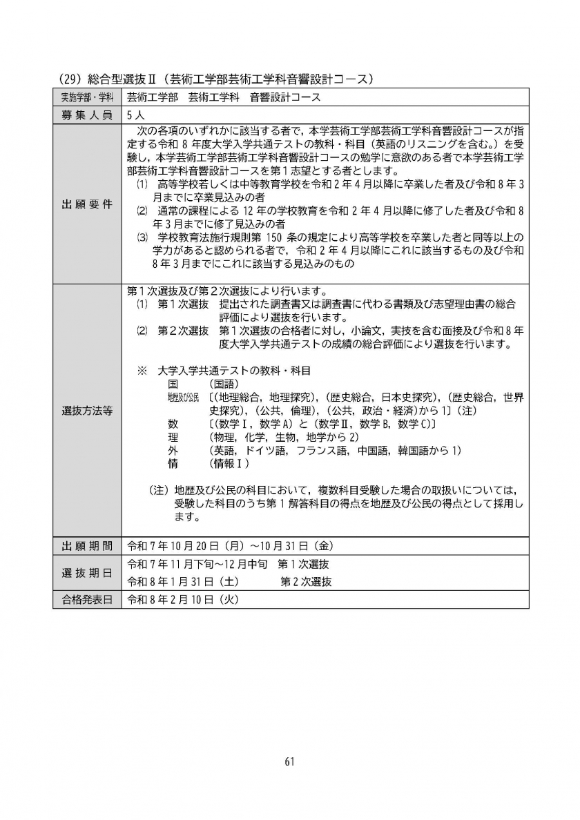 芸術工学科音響設計コース | 芸術工学部 | 総合型選抜Ⅱ | 学部